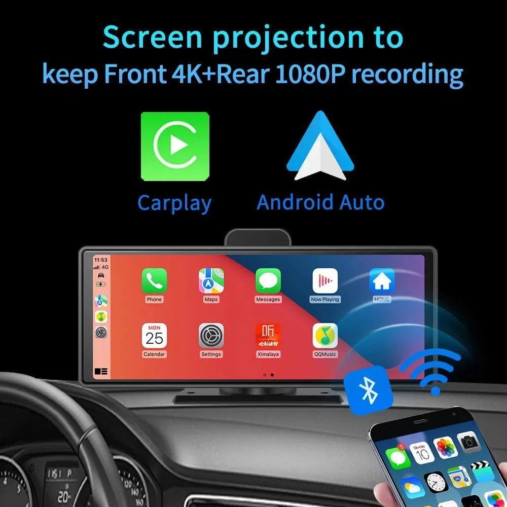 Black 12-inch touch screen car dash cam recorder with rear camera on a car windscreen.