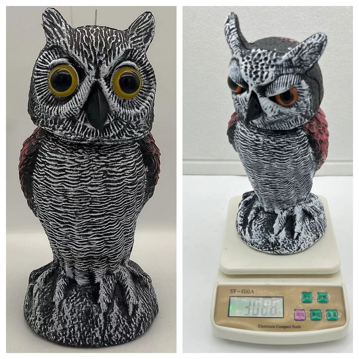 Artificial plastic owl bird scare ornament with moveable head for outdoor garden pest control