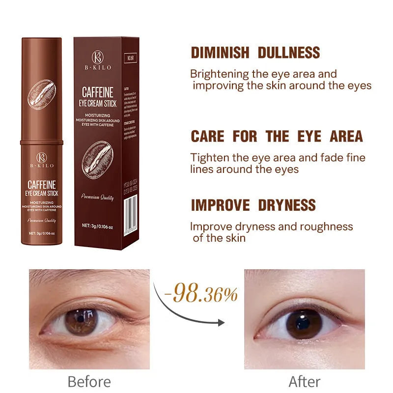 Caffeine eye cream stick in silver and white packaging, 3g net content.