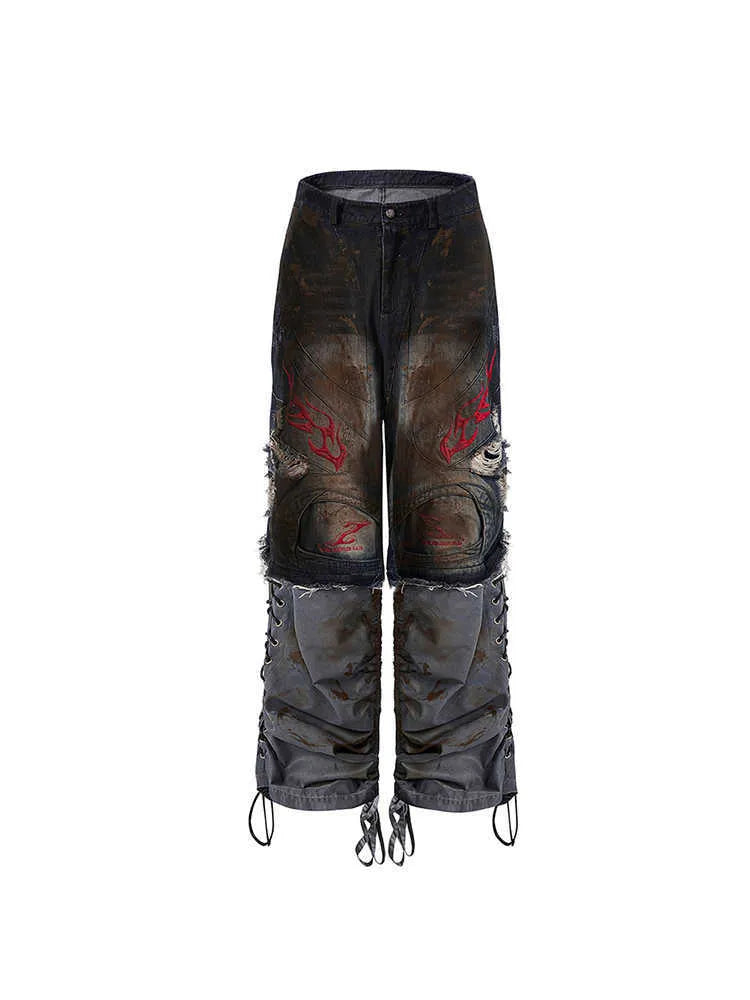 Men's retro denim jeans with detachable trouser legs showing wide-leg cut and mid-high waist