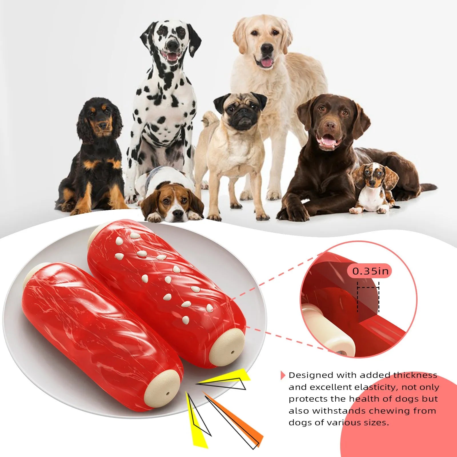 Primary colour plastic molar-shaped dog chew toy with textured ridges and hollow treat-dispensing centre