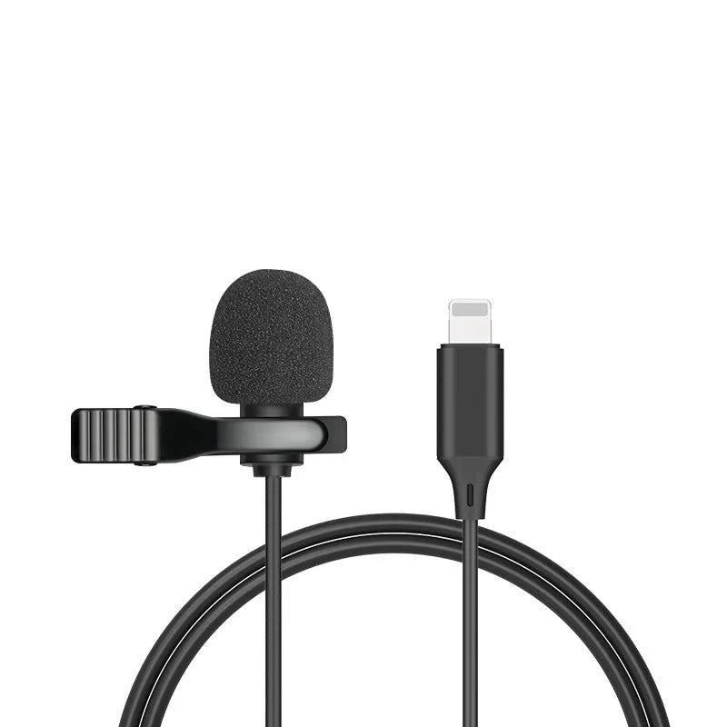 Black lavalier clip microphone with in-ear headphones connected to 3.5mm plug for Apple iPhone