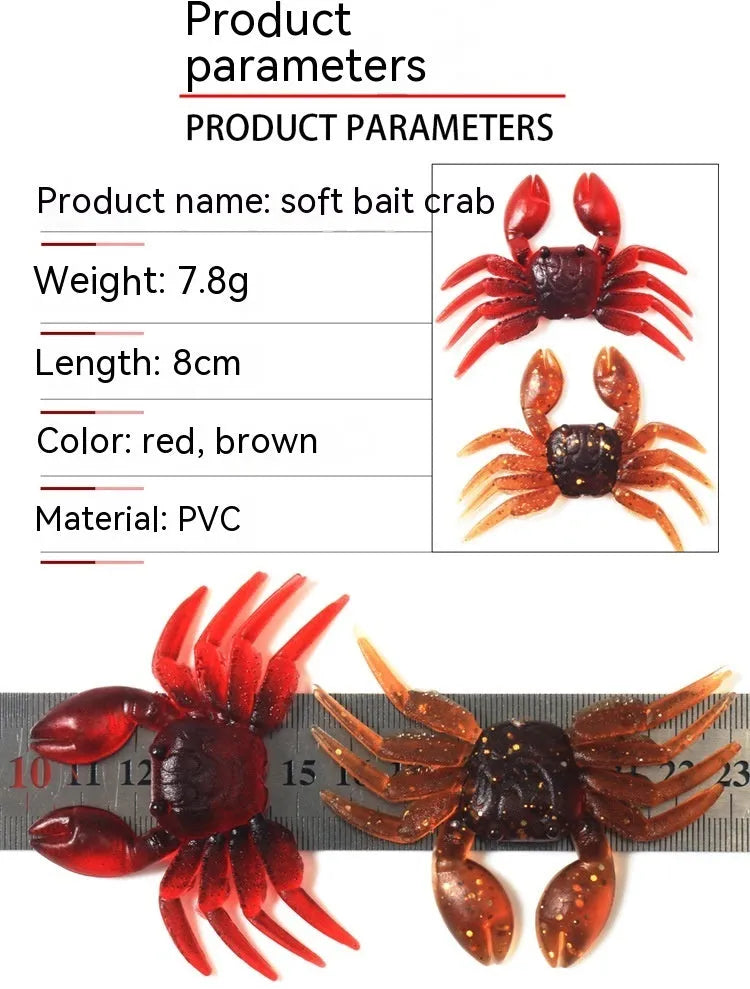8cm PVC crab fishing lure in red or brown colour with fishhook
