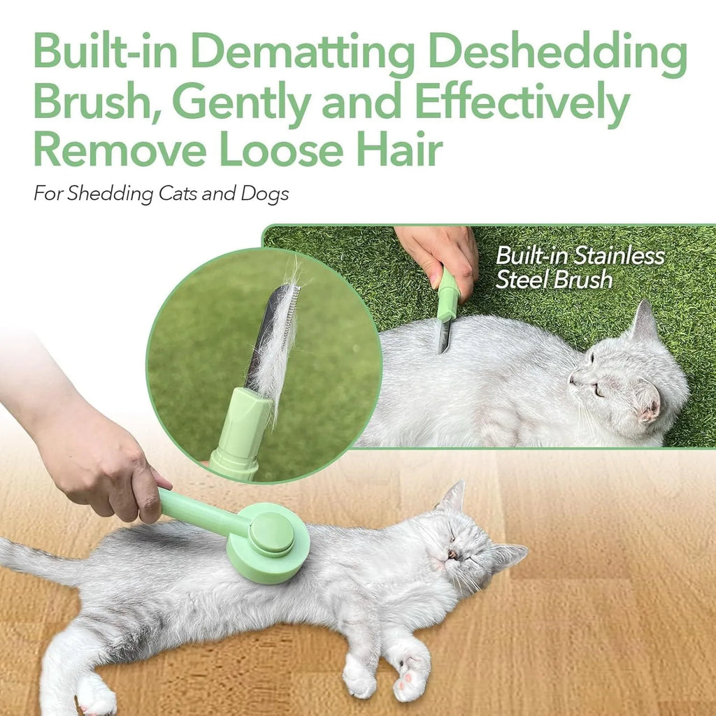 Green and yellow pet grooming brush with stainless steel bristles for cats and dogs