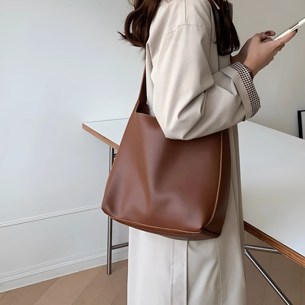 Black and brown PU leather ladies shoulder bags with swing threads decorative elements