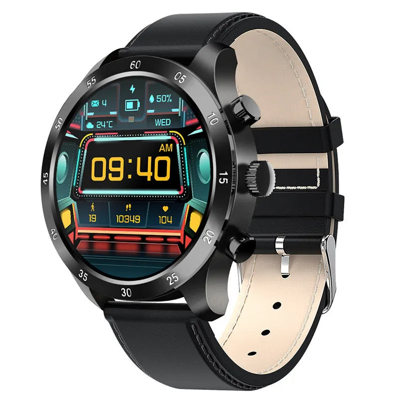 Smart watch with Bluetooth calling display showing music playback and health metrics