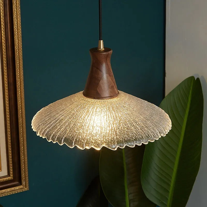 Retro wooden chandelier with brass finish and glass lampshade in three size options