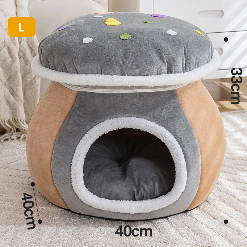 Grey mushroom-shaped cat nest bed with a detachable plush blanket for indoor cats.