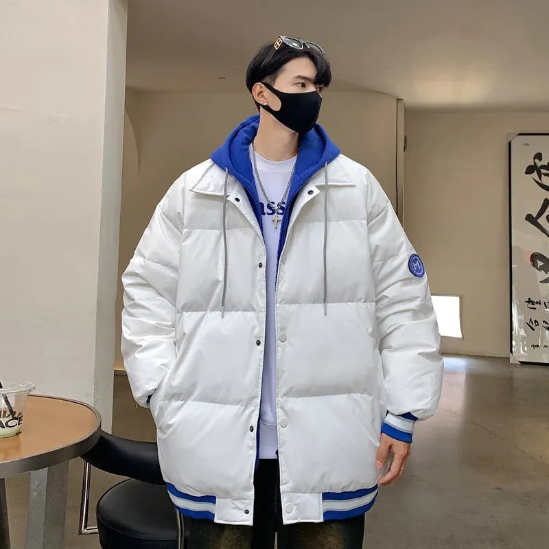 White duck down thickened couple coat in black, white and blue colours