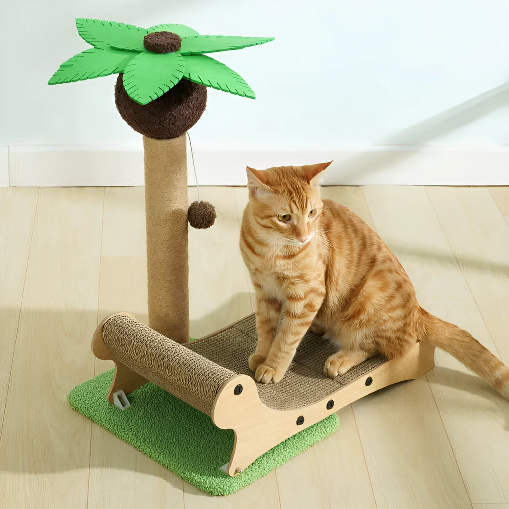 Wooden beach chair design cat climbing frame with scratch board surfaces and elevated pet bed