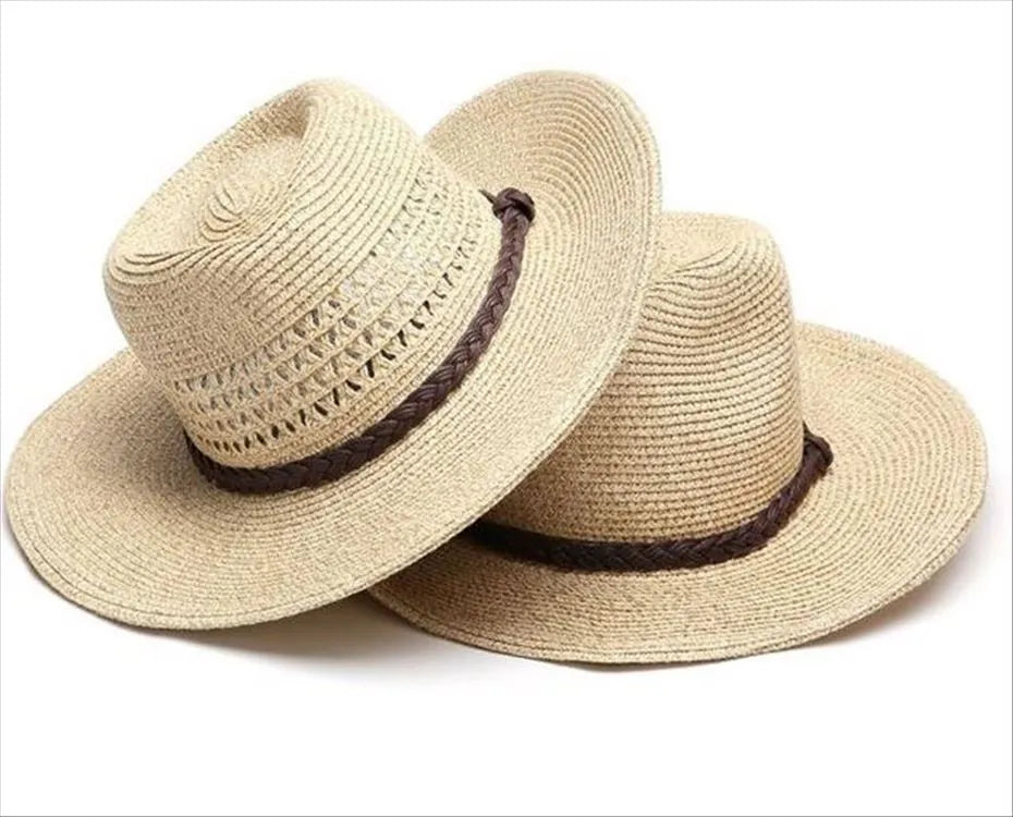 Men's foldable straw sun hat with wide brim in beige colour showing folded and unfolded positions