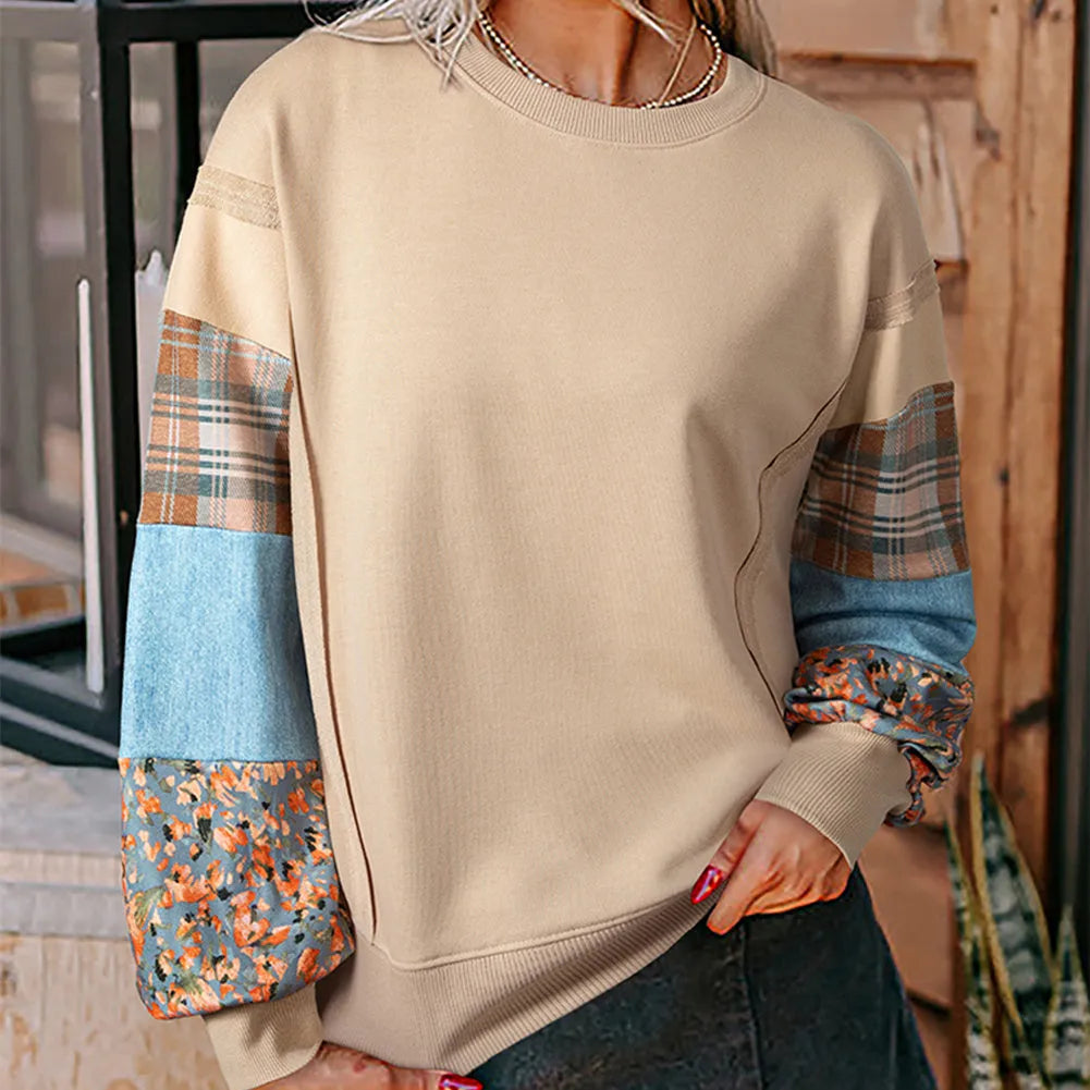 Women's loose fit plaid stitching long-sleeved polyester top in apricot colour