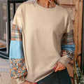 Women's loose fit plaid stitching long-sleeved polyester top in apricot colour