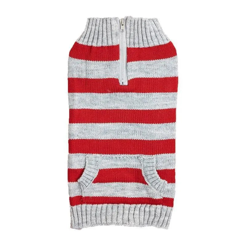 Grey dog sweater with blue horizontal zipper and button pocket on small breed dog