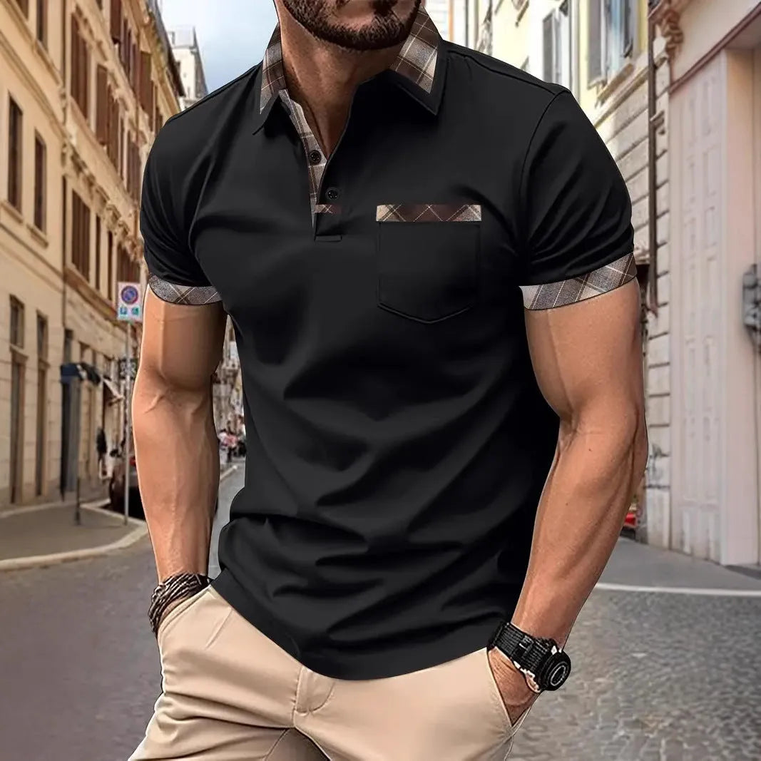 Men's plaid colourblock t-shirt with zipper decorations and short sleeves in loose fit