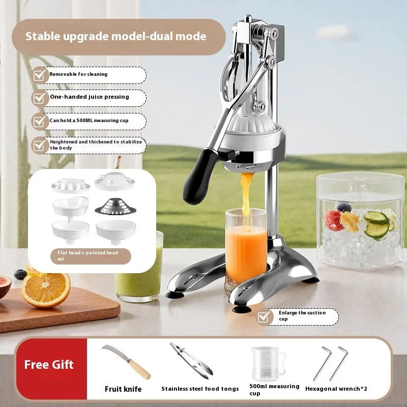 Stainless steel manual orange juice juicer on a counter, showing large cone and metal finish.