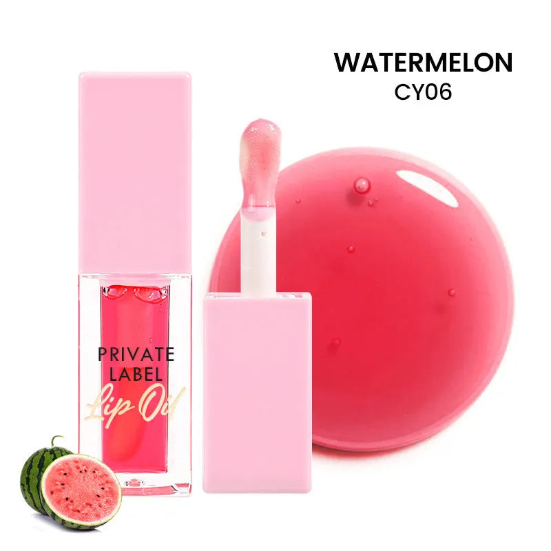 Transparent lip gloss tube showing six fruit shade options including cherry and watermelon