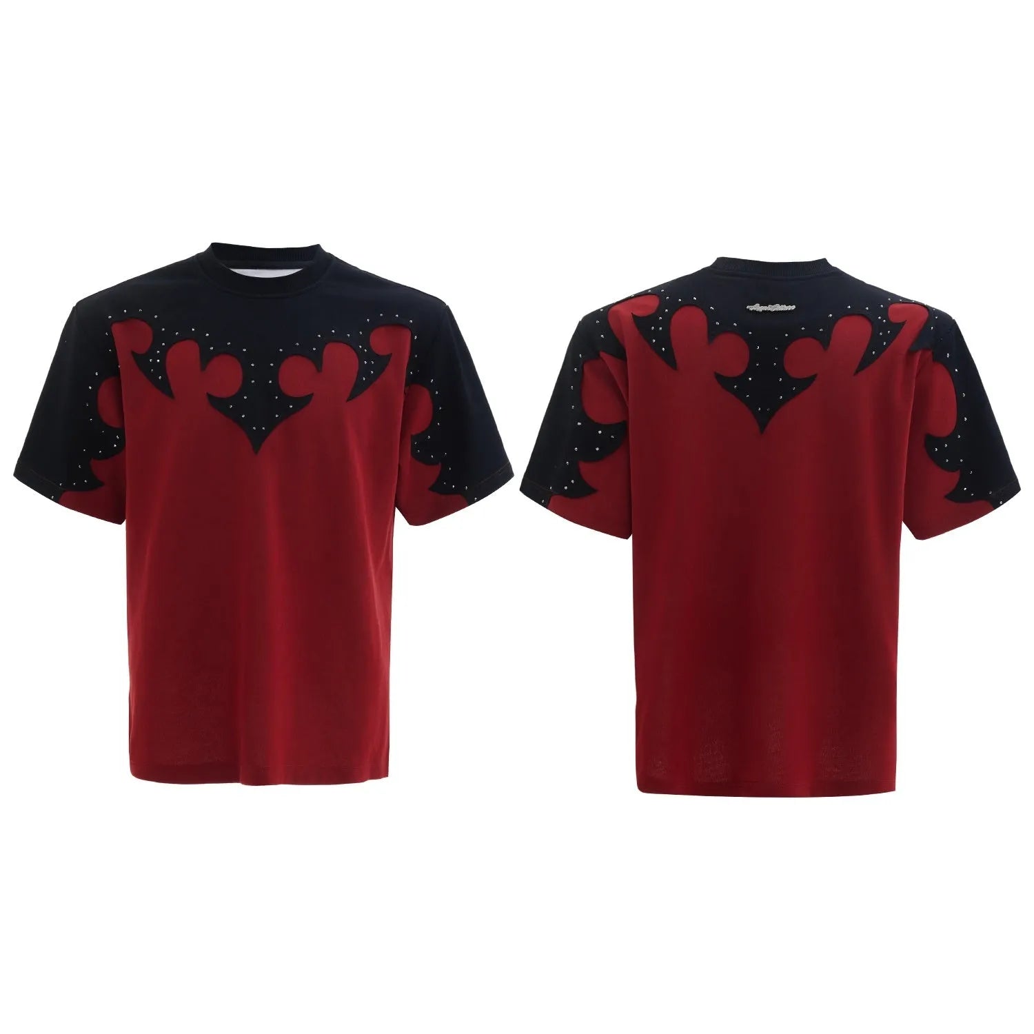 Men's cotton shirt with burnt flower stitching and rhinestone detailing in red, white, and grey colours