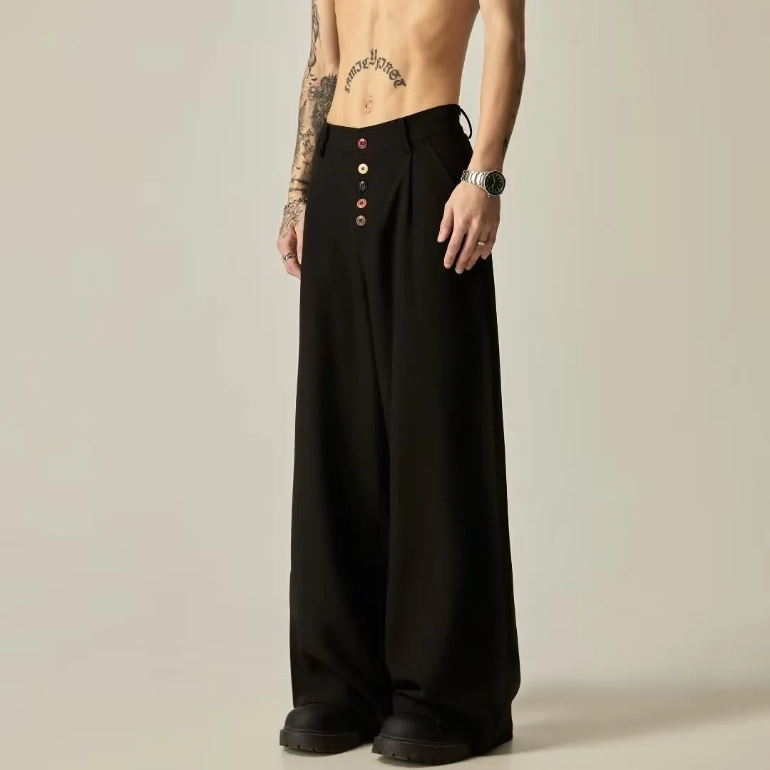 Men's solid colour vertical tube wide-leg casual trousers with elastic mid-waist