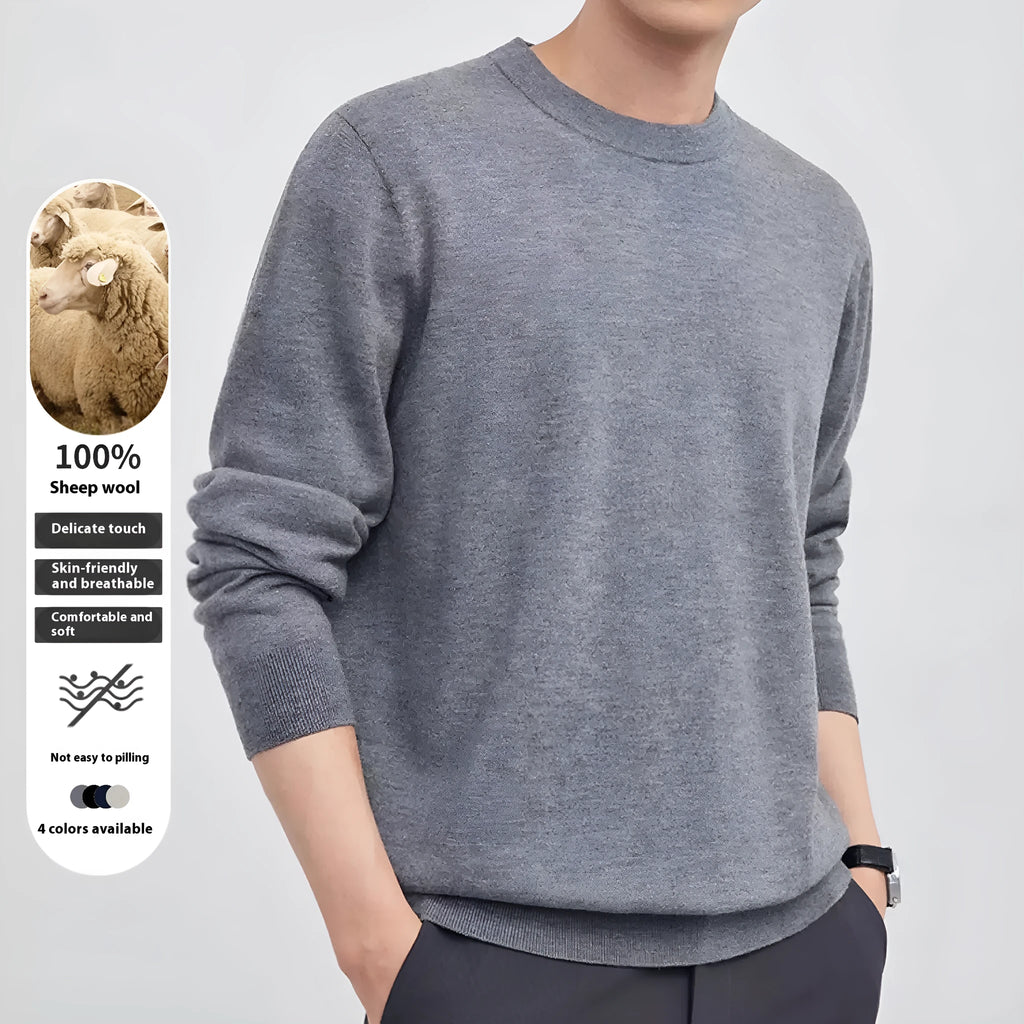 Men's standard wool pullover sweater in light grey, shown in a regular fit with regular sleeves.