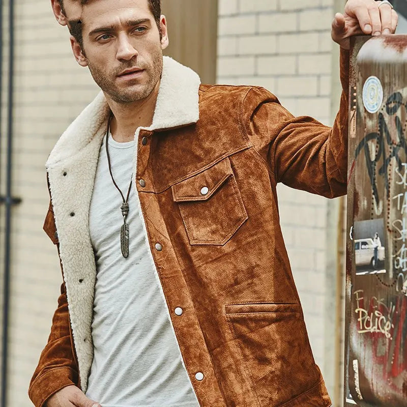 Men's brown genuine pigskin leather cotton padded jacket with lapel collar, single-breasted front, regular length straight style