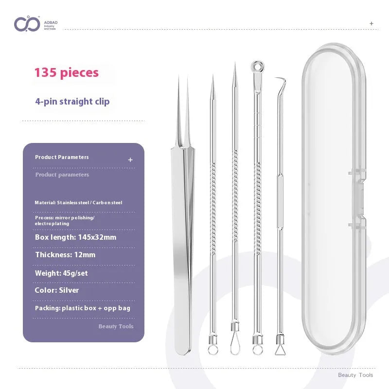 Set of four silver metal acne needles with pointed tips on a white background.