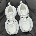 Beige mesh platform sports shoes with wedge heel and lace-up front closure