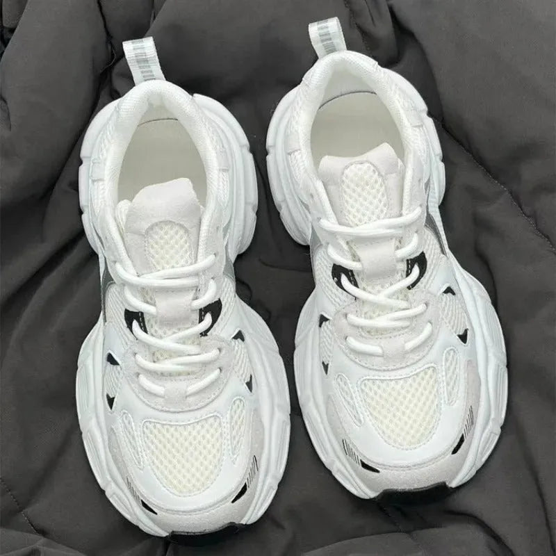Beige mesh platform sports shoes with wedge heel and lace-up front closure