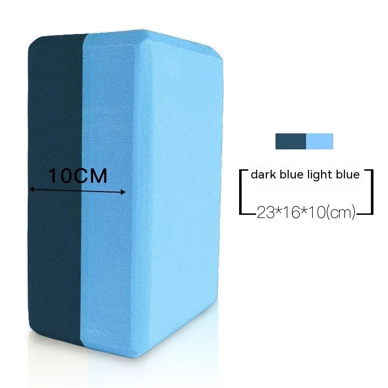 High-density EVA foam yoga block in assorted colours and prints, showing two thickness options for yoga and dance.