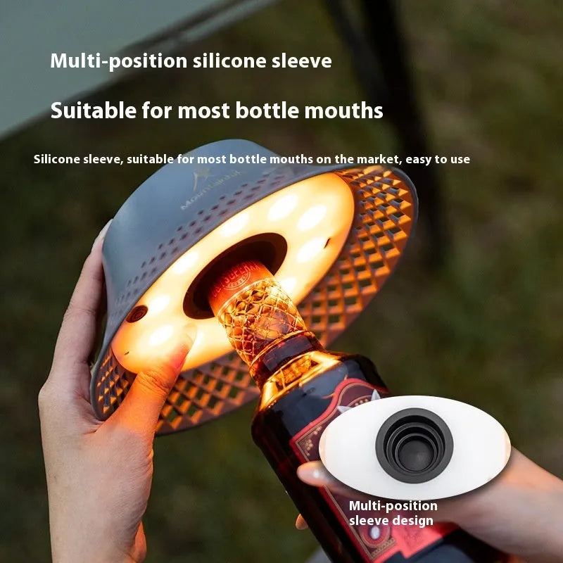 Beige wine bottle design camping lantern with USB-C charging port and three light mode settings