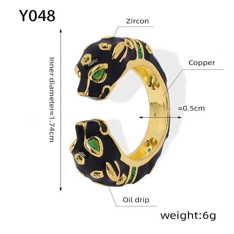 Black cheetah oil drip pattern geometric open ring for women