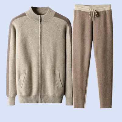 Men's camel coloured cashmere blend half turtleneck zip cardigan and trousers suit set