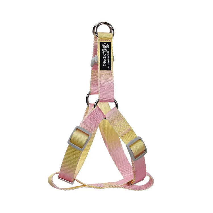 Gradient colour nylon dog leash set showing pink and yellow colour blend on a chest back harness style.