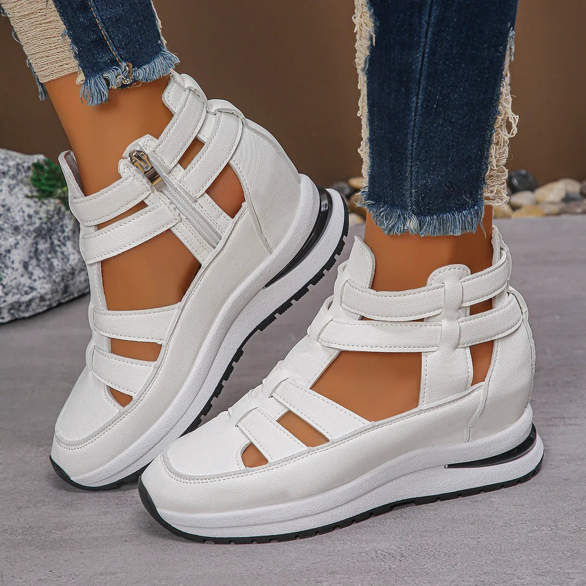 Women's black platform sandals with hollow-out design and Velcro fastening