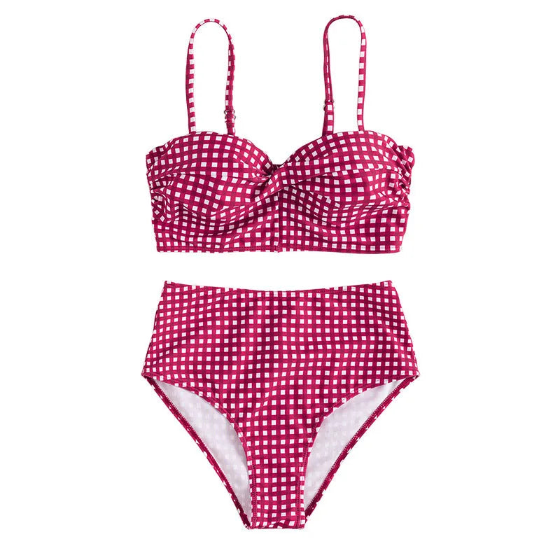 Women's high-waist plaid bikini swimsuit with split bottom briefs in rose red, black, blue, or sky blue.