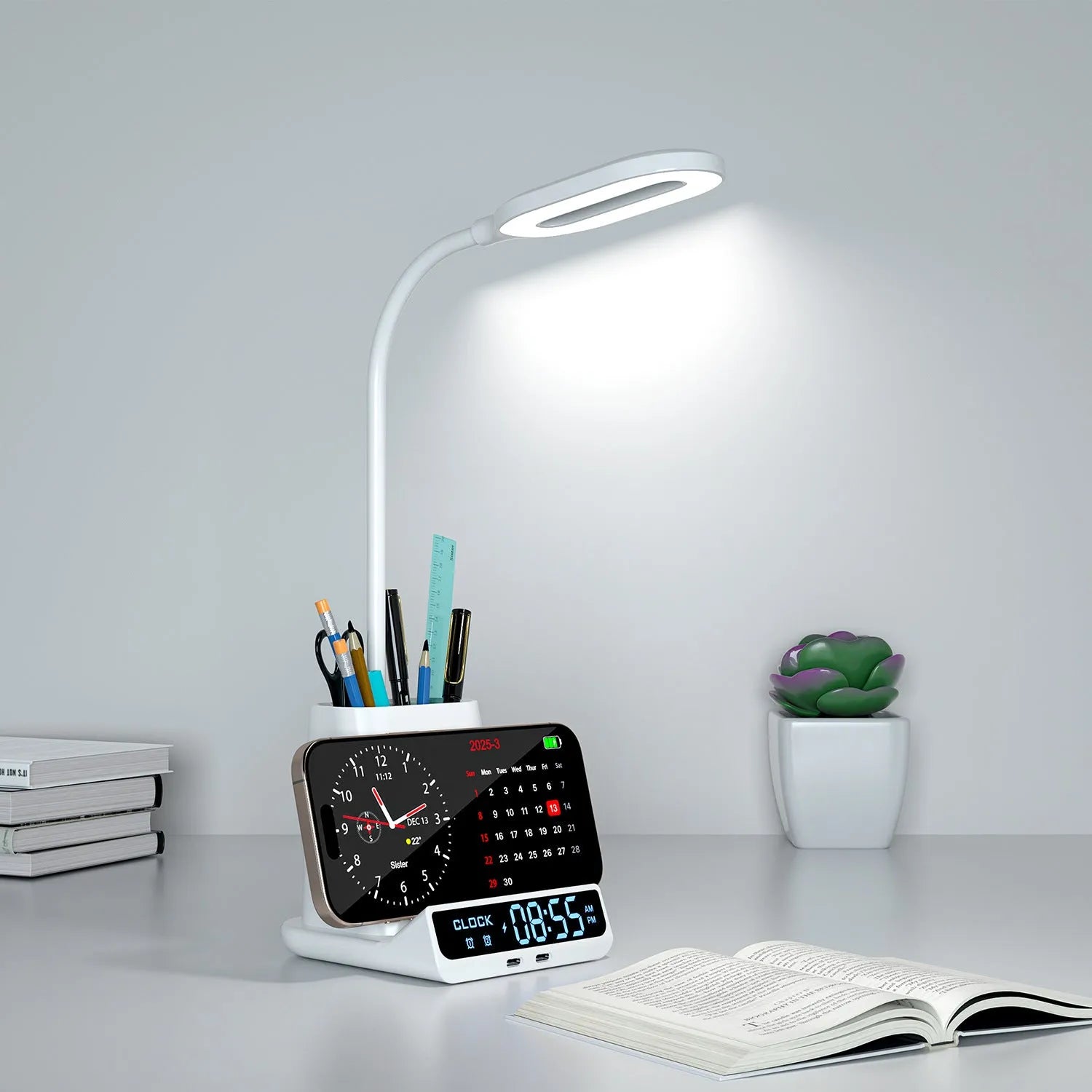 Wireless charging desk lamp with pen holder and storage box in modern minimalist design