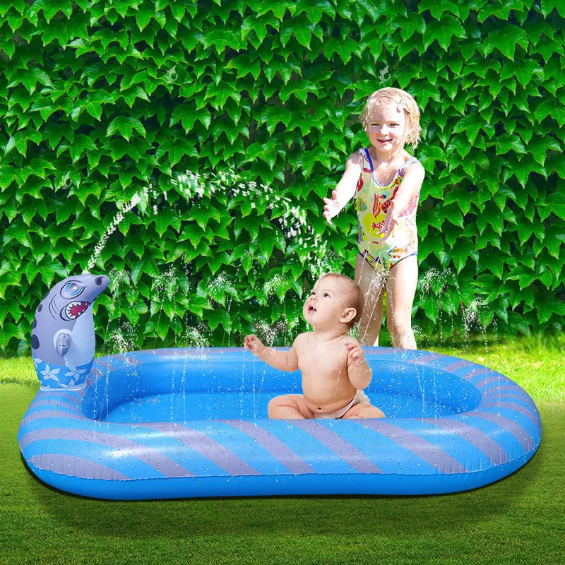 Blue dinosaur water spray pool measuring 170cm long with inflatable shark design for garden play