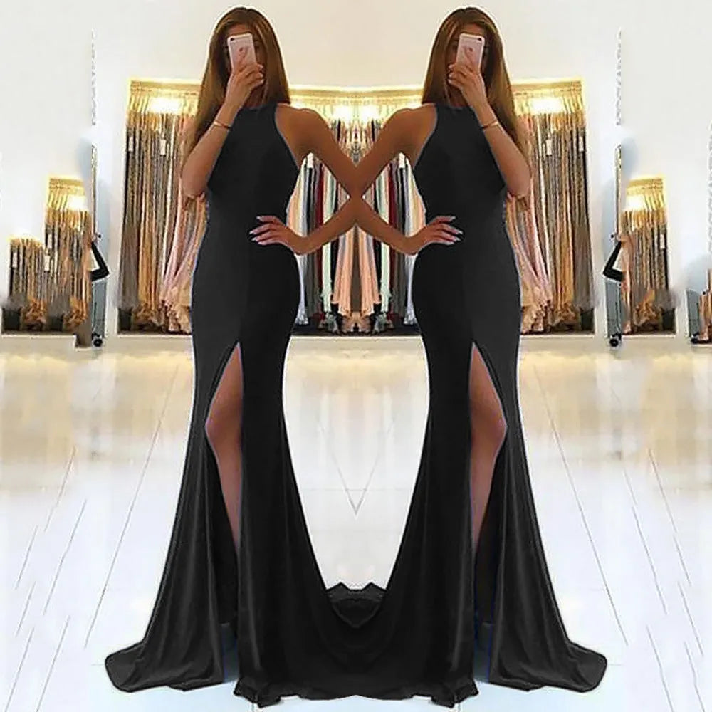 Long red evening dress with hollow pattern design, high waist, and large swing skirt
