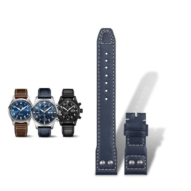 Portuguese Fire Jet genuine leather watch band strap in black with silver buckle, 20mm width