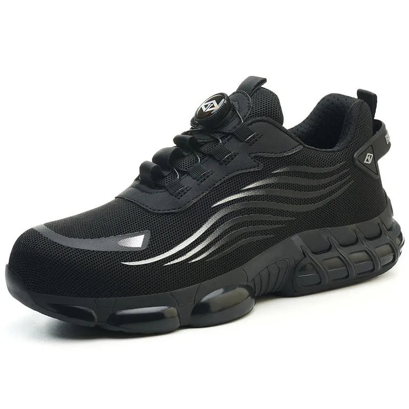 Men's black steel toe cap safety shoes with Flyknit upper and TPU sole, low-top design