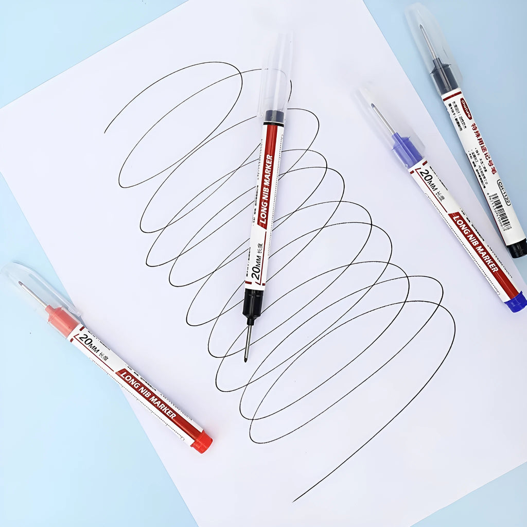 Multi-color deep hole marking pen with 20mm long tip on metal surface showing black ink mark