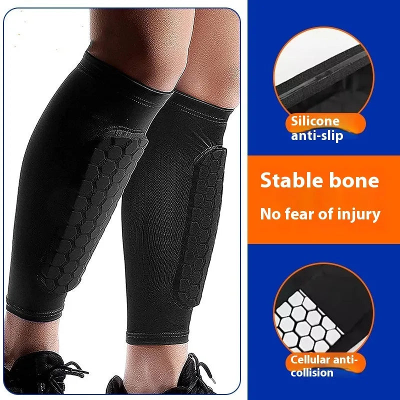 Men's honeycomb shank protection foot sock in black with anti-collision non-slip calf support