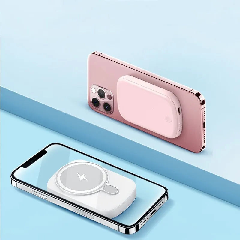 MagSafe magnetic wireless power bank in Barbie Pink, showing creative design and compact form.