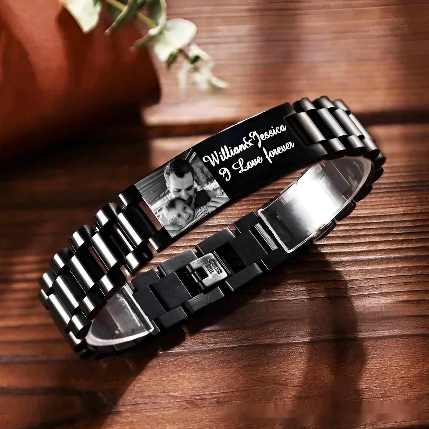 Titanium steel heart-shaped bracelet with electroplated lettering in black or grey options
