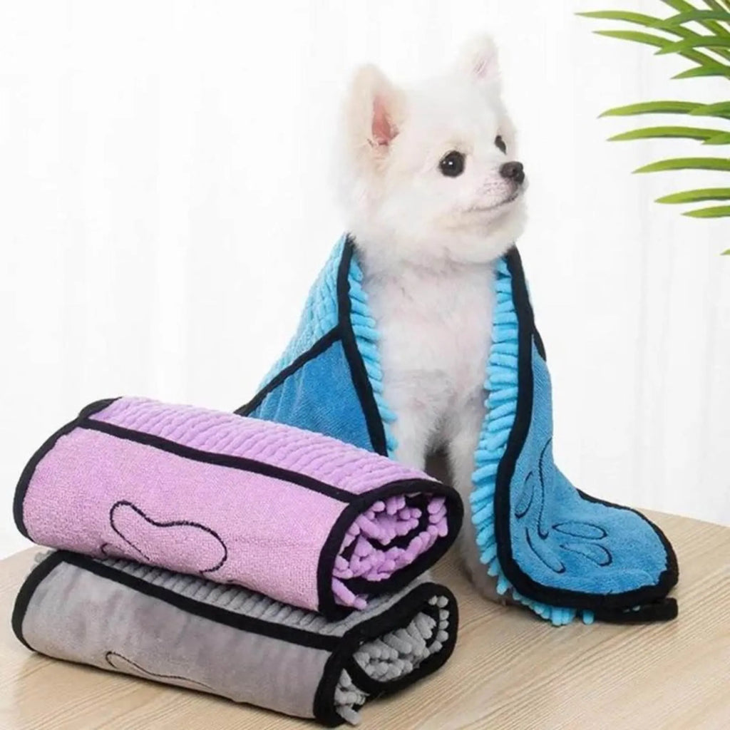 Quick dry dog bath robe towel measuring 62cm by 23cm in blue, grey, purple or red colours