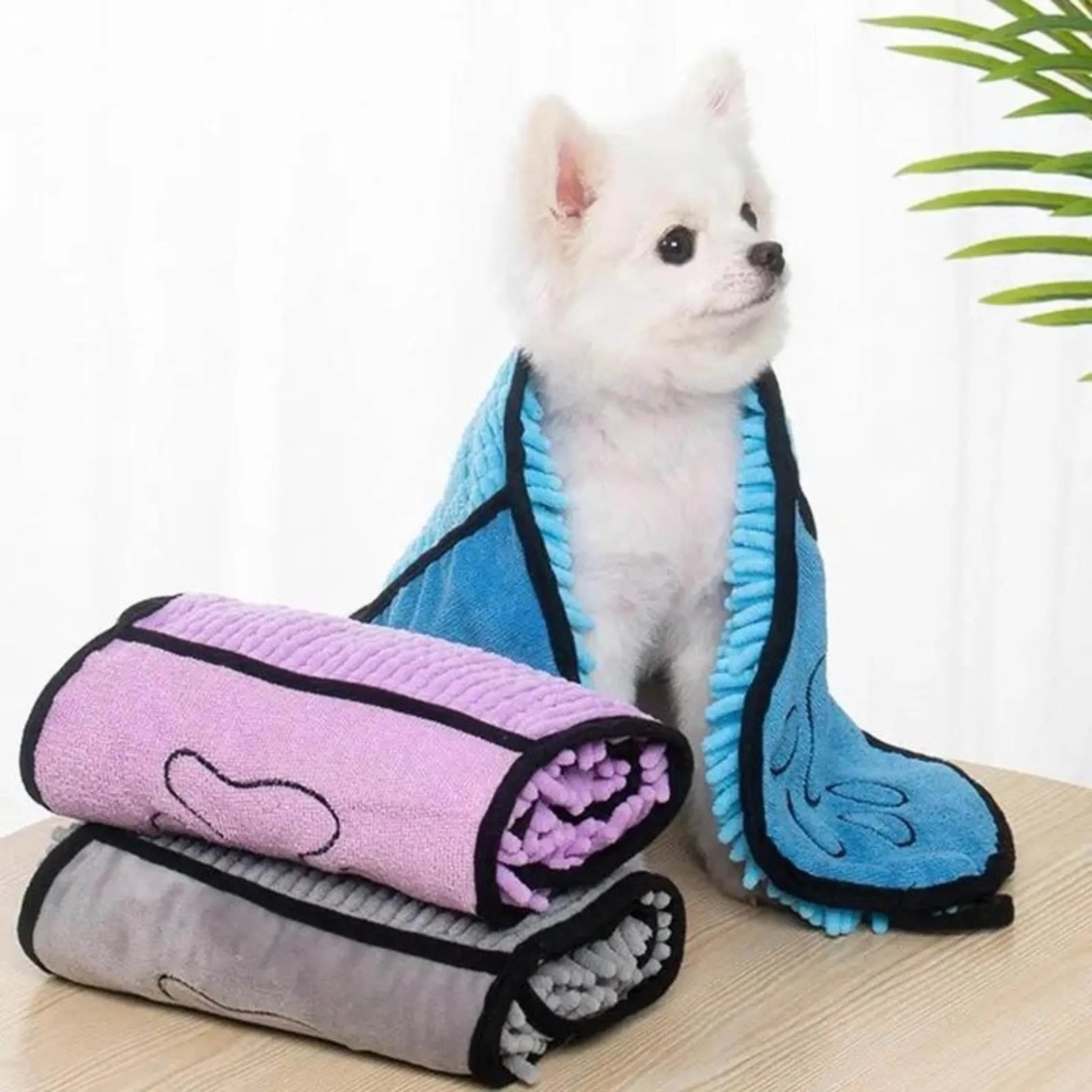 Quick dry dog bath robe towel measuring 62cm by 23cm in blue, grey, purple or red colours
