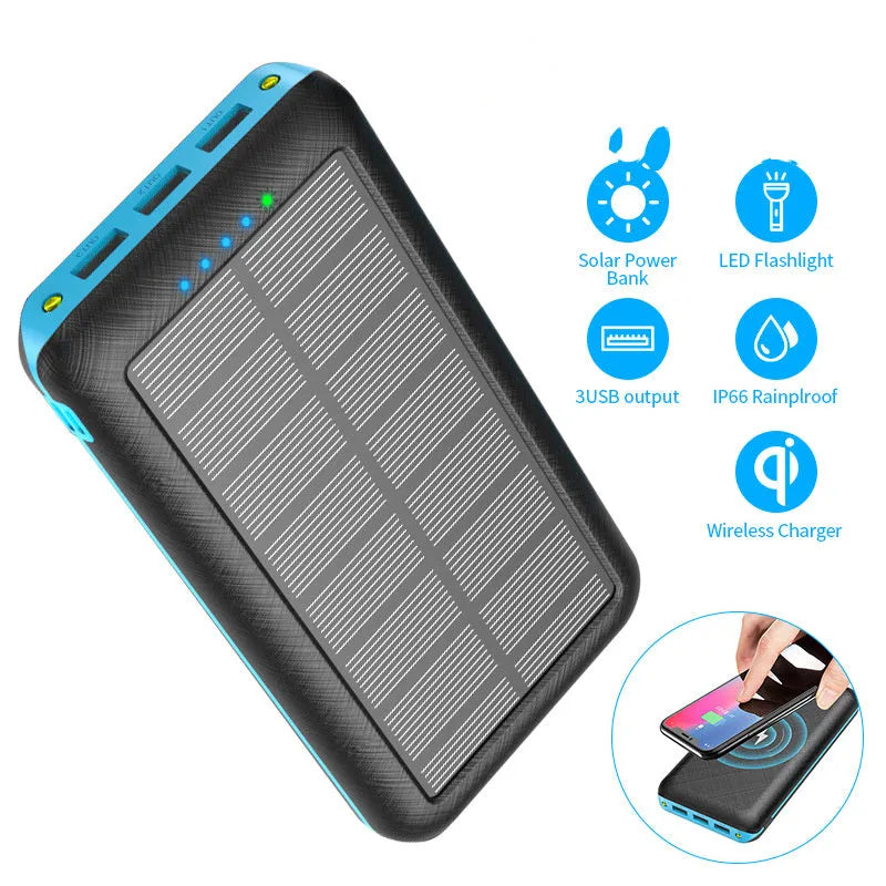 Black portable power bank with wireless charging pad on top, three USB ports, and an LED flashlight.