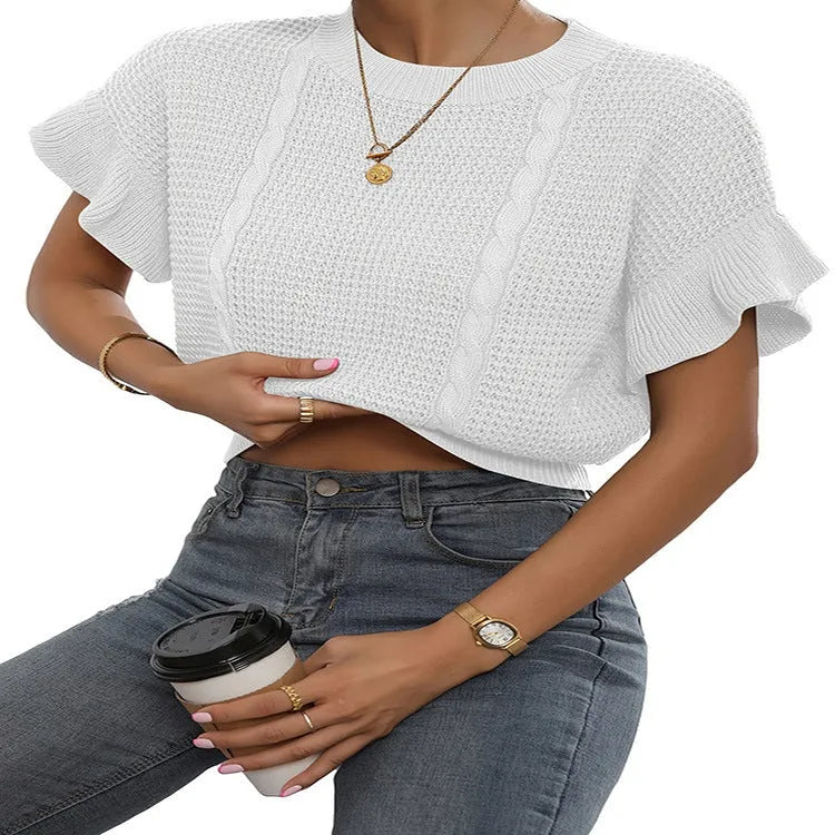 Women's loose fit knitted pullover with ruffled short sleeves and twisted string texture