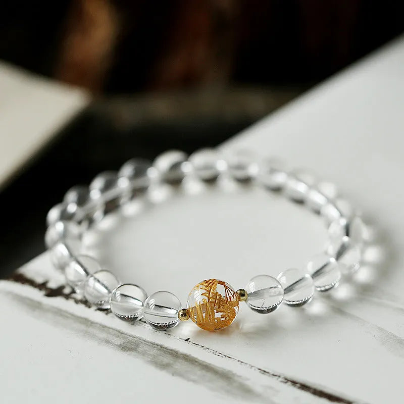 Geometric obsidian white crystal bracelet with black agate beads and adjustable 14-16 cm fit