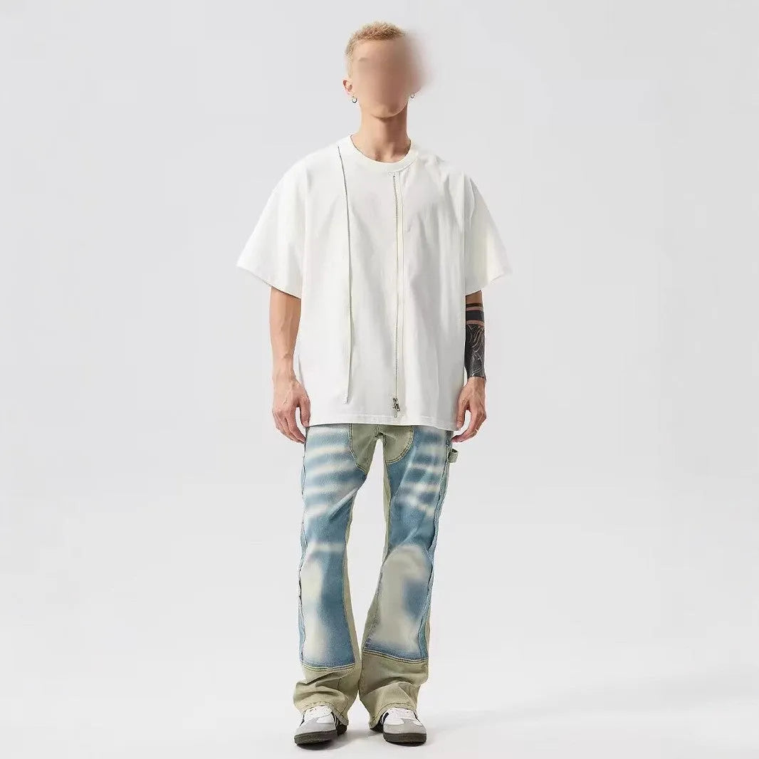 Retro dual-colour patchwork jeans with splash-ink damaged design in yellow and blue polyester denim